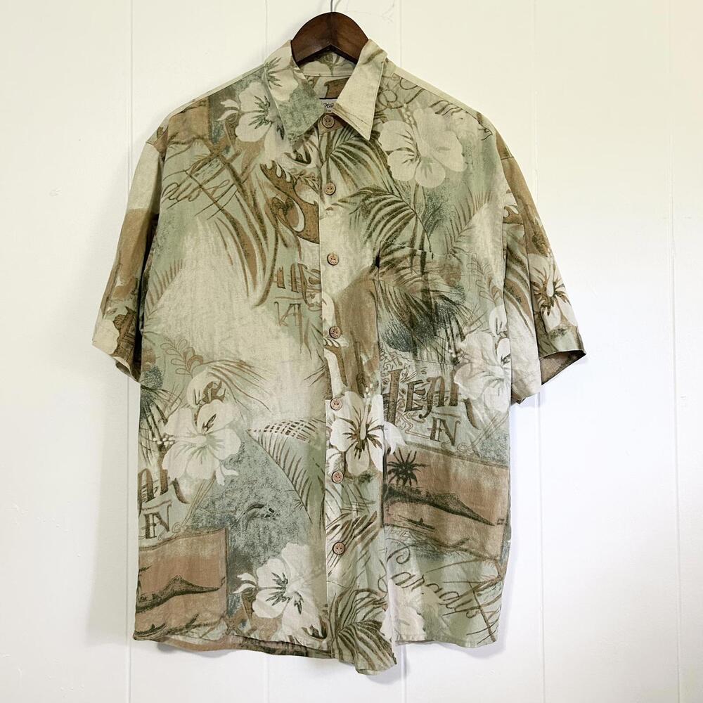 Duke Kahanamoku Short Sleeve Button Up Silk Blend Aloha Shirt Men's Large